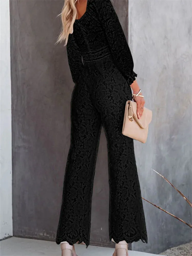 Elegant Women Lace Wide Leg Pants Jumpsuits Solid Color Long Sleeve High Waist V Neck Floral Rompers