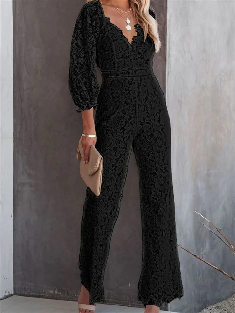 Elegant Women Lace Wide Leg Pants Jumpsuits Solid Color Long Sleeve High Waist V Neck Floral Rompers