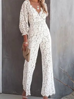 Elegant Women Lace Wide Leg Pants Jumpsuits Solid Color Long Sleeve High Waist V Neck Floral Rompers