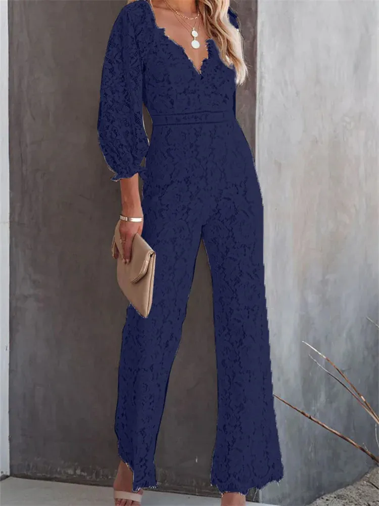 Elegant Women Lace Wide Leg Pants Jumpsuits Solid Color Long Sleeve High Waist V Neck Floral Rompers