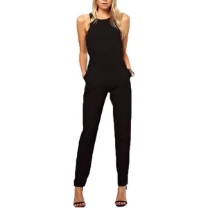 Elegant Women's Rompers Jumpsuit Casual Solid Bodysuit Sleeveless Crew Neck Long Playsuits Plus Size