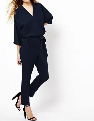 Fashion Women Jumpsuits Spring Autumn Solid Color Bodysuit Half Sleeve V Neck Casual Style Elegant Ladies Long Romper Overalls