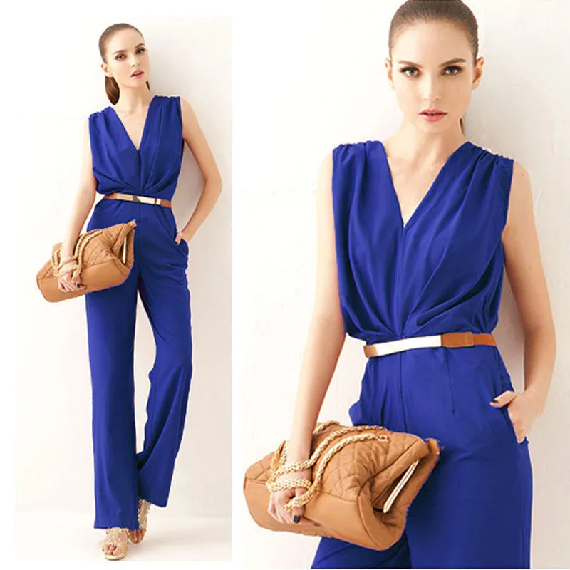 Fashion Women Sleeveless Maxi Overalls Belted Wide Leg Jumpsuit Plus Size macacao long pant Elegant Jumpsuits macacao