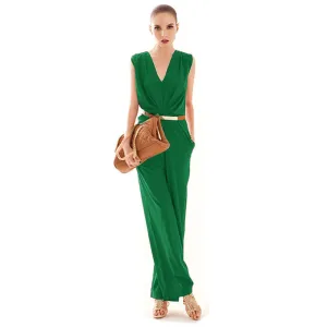 Fashion Women Sleeveless Maxi Overalls Belted Wide Leg Jumpsuit Plus Size macacao long pant Elegant Jumpsuits macacao
