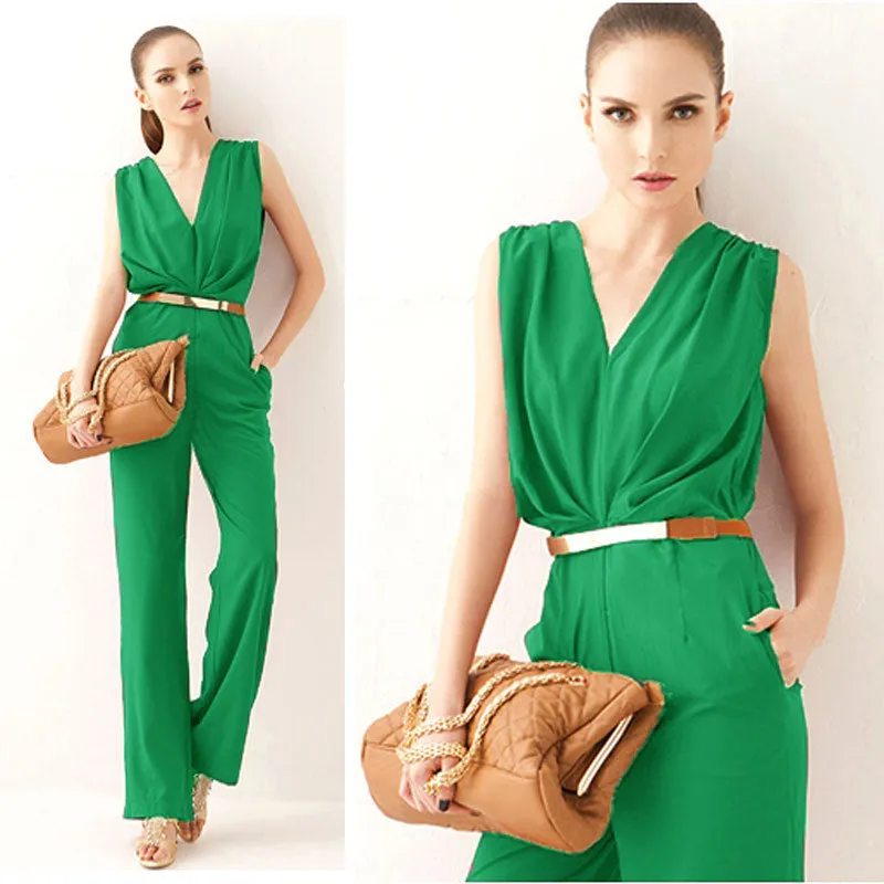Fashion Women Sleeveless Maxi Overalls Belted Wide Leg Jumpsuit Plus Size macacao long pant Elegant Jumpsuits macacao