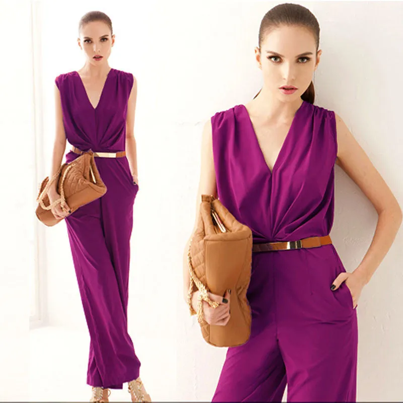 Fashion Women Sleeveless Maxi Overalls Belted Wide Leg Jumpsuit Plus Size macacao long pant Elegant Jumpsuits macacao