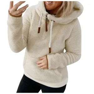 Fashion Women Thick Hoodies Warm Soft Full Fleece Sweatshirt Women's Stitching Leather Plush Long Sleeve Hooded Sweatshirt