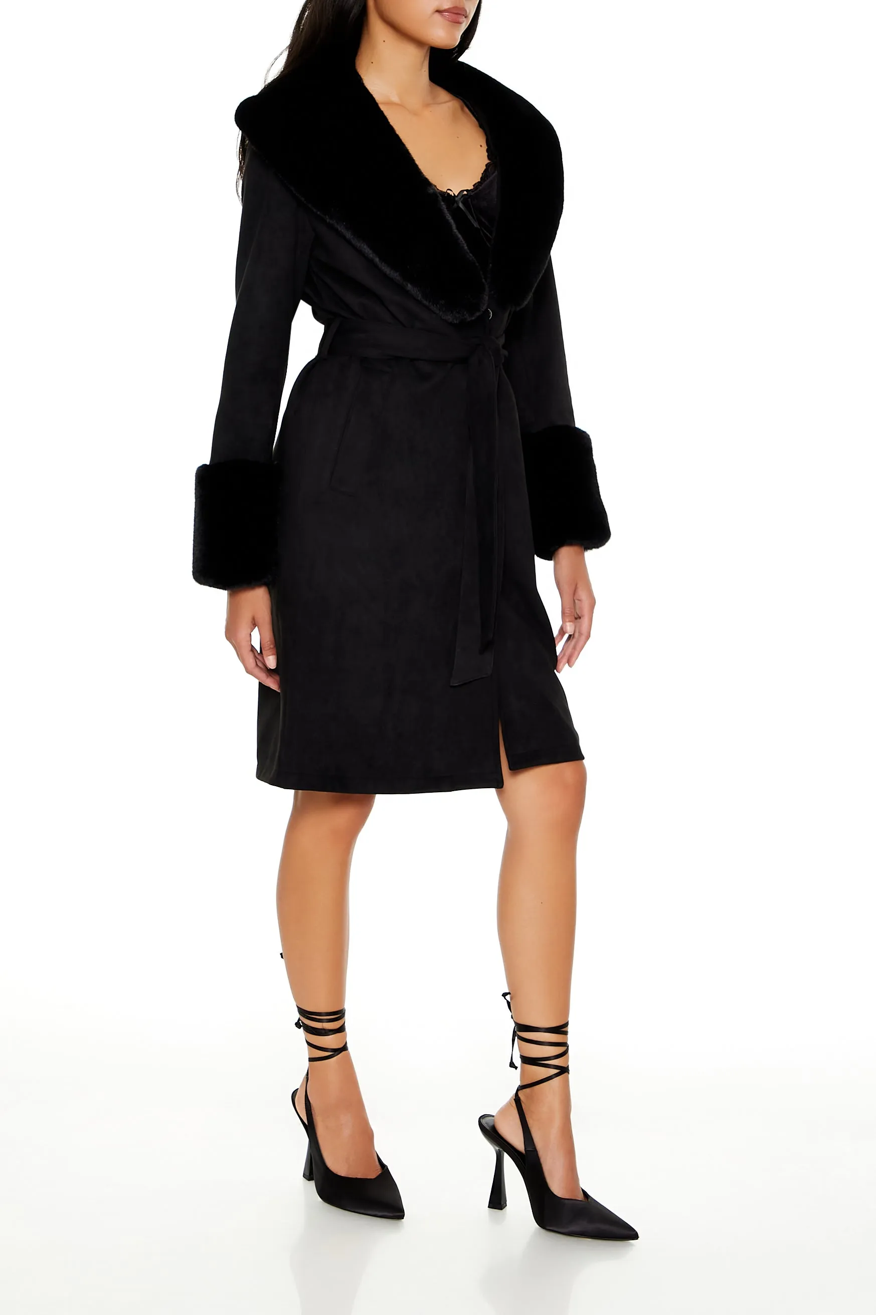 Faux Fur-Trim Faux Suede Trench Coat - Black