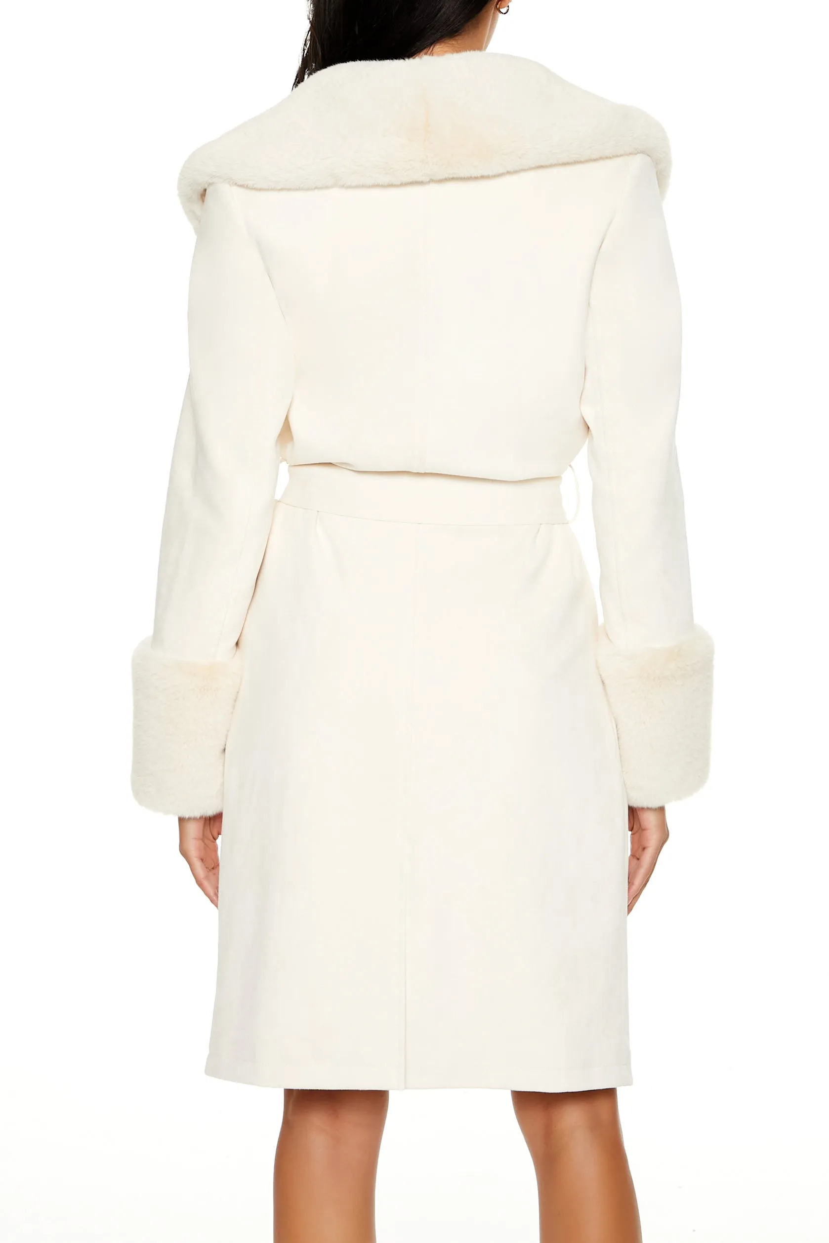 Faux Fur-Trim Faux Suede Trench Coat - Cream