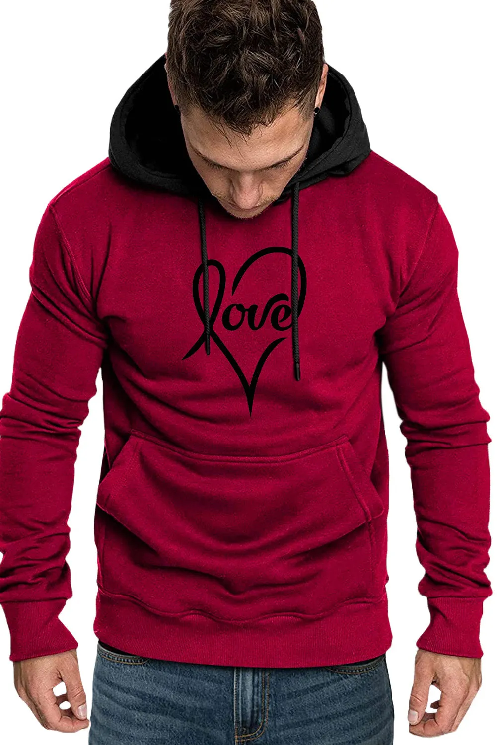 Fiery Red Valentine Love Heart Print Color Block Men's Pullover Hoodie