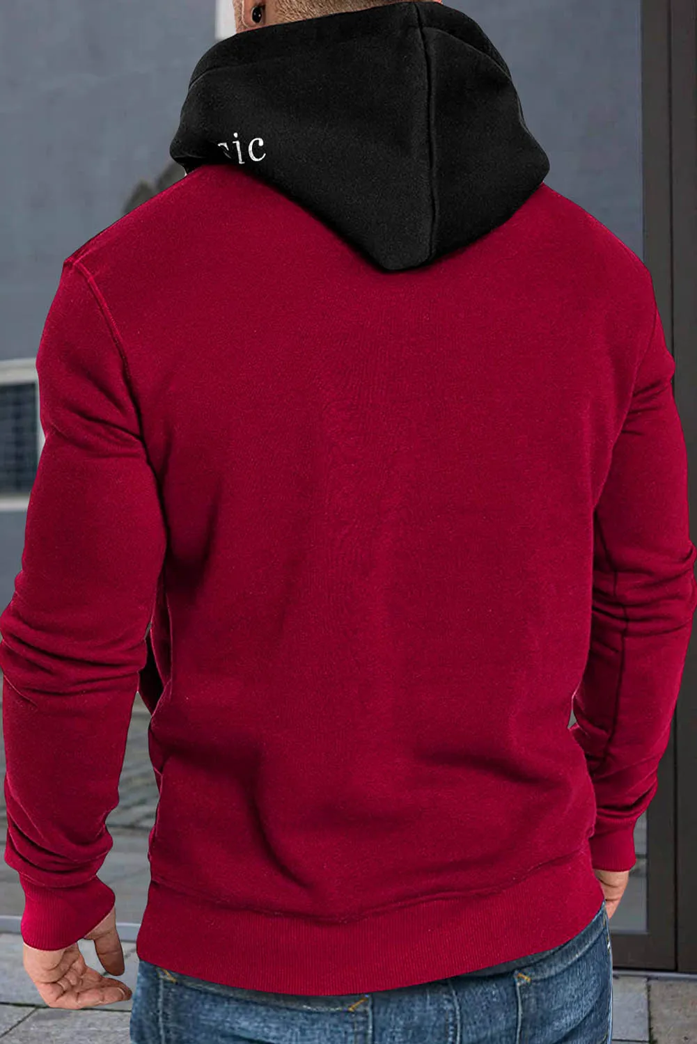 Fiery Red Valentine Love Heart Print Color Block Men's Pullover Hoodie