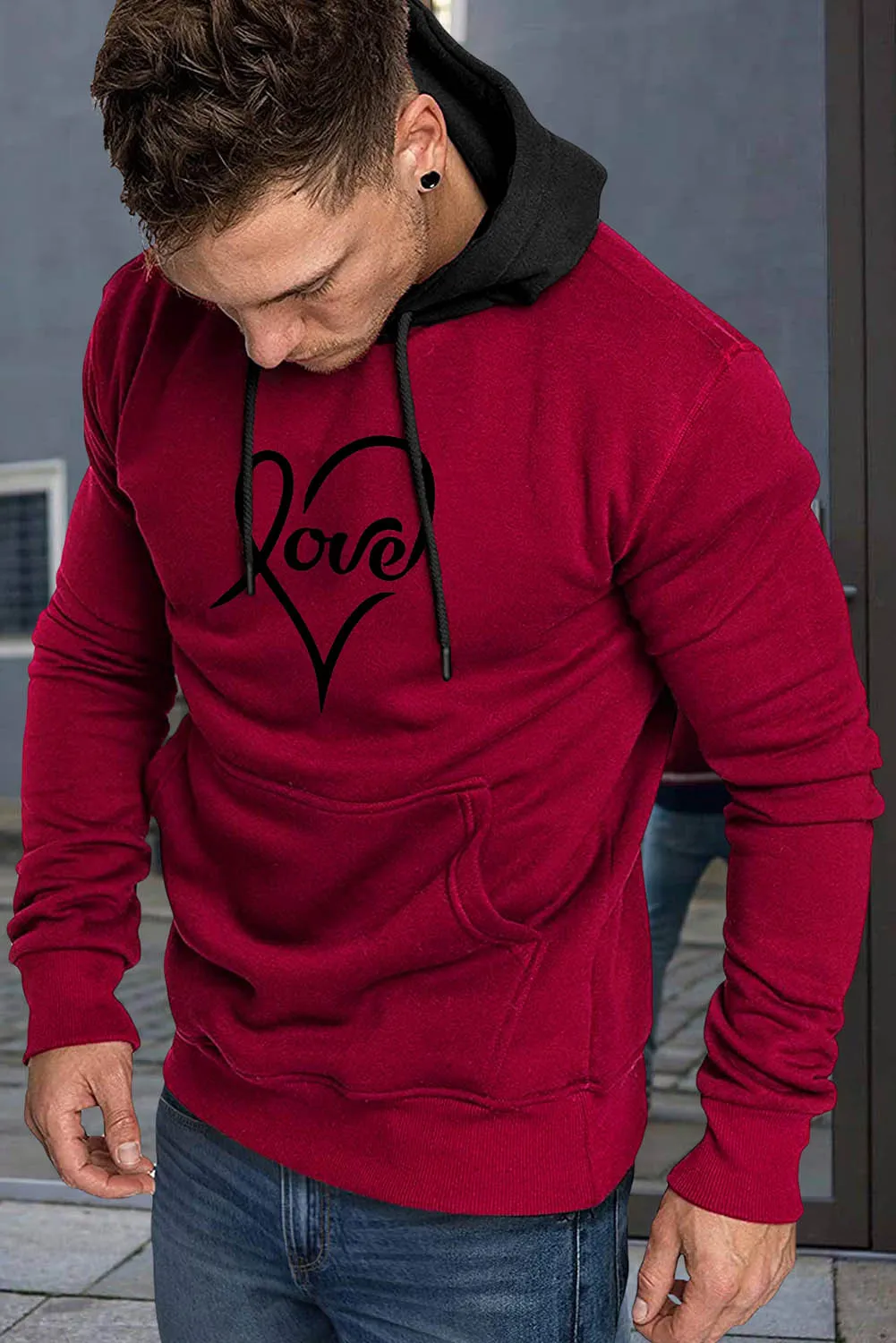 Fiery Red Valentine Love Heart Print Color Block Men's Pullover Hoodie