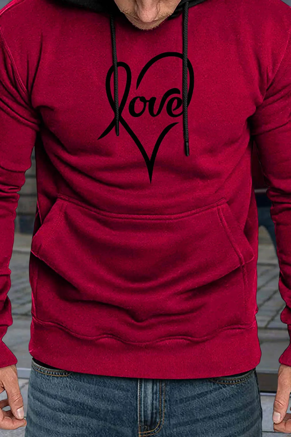 Fiery Red Valentine Love Heart Print Color Block Men's Pullover Hoodie