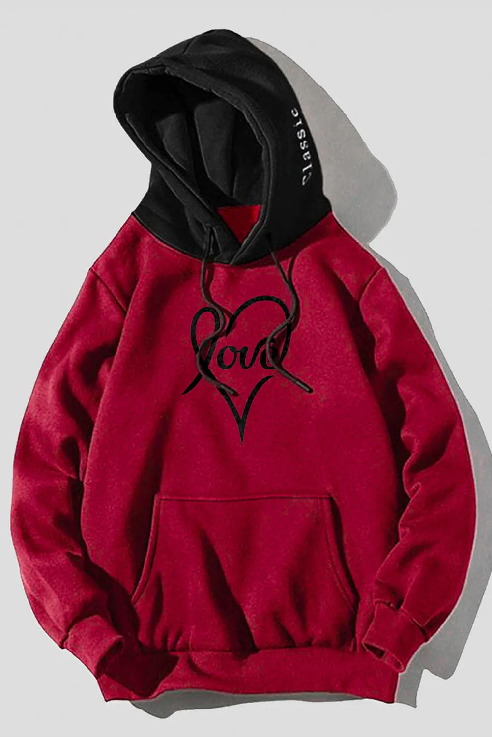 Fiery Red Valentine Love Heart Print Color Block Men's Pullover Hoodie