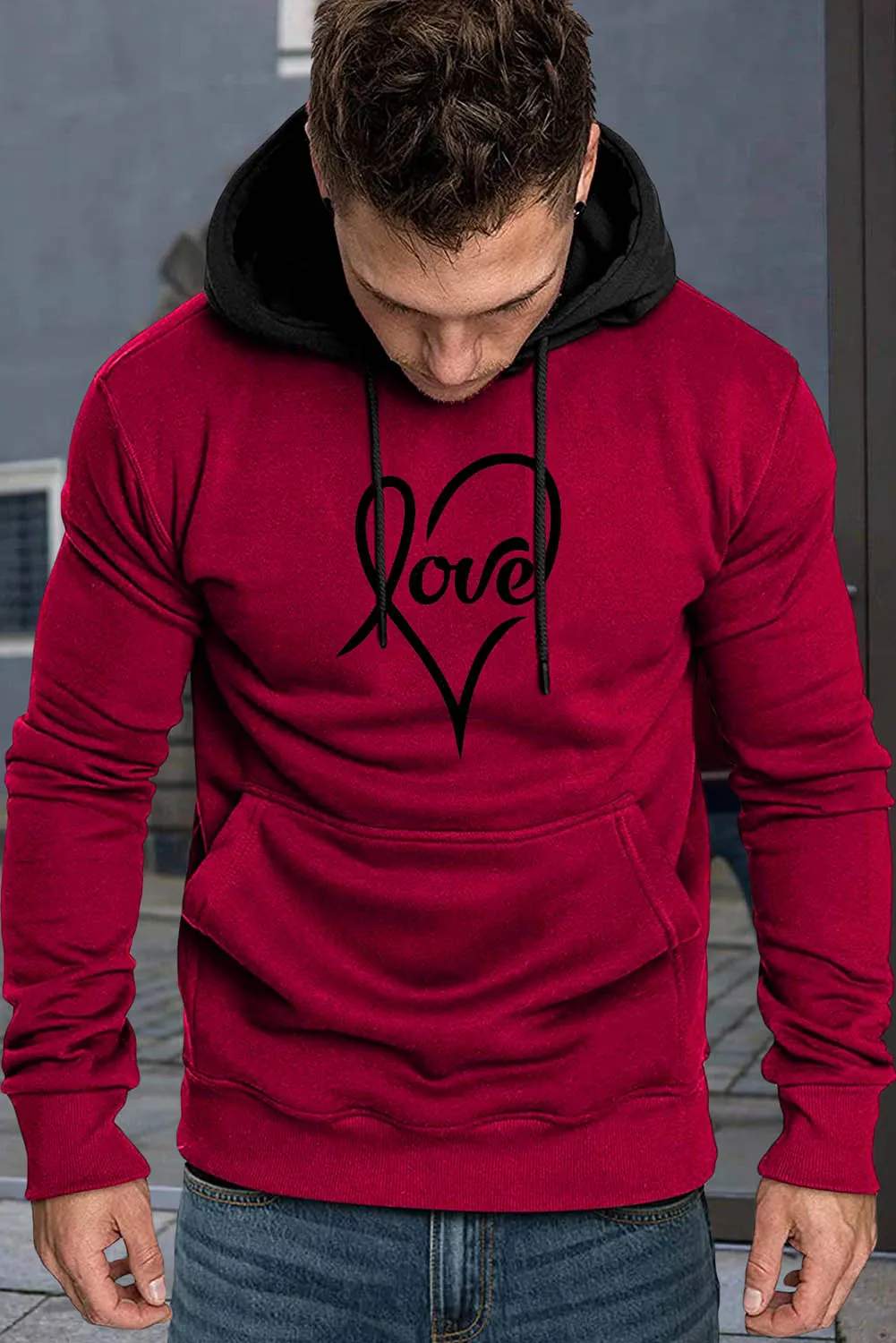 Fiery Red Valentine Love Heart Print Color Block Men's Pullover Hoodie