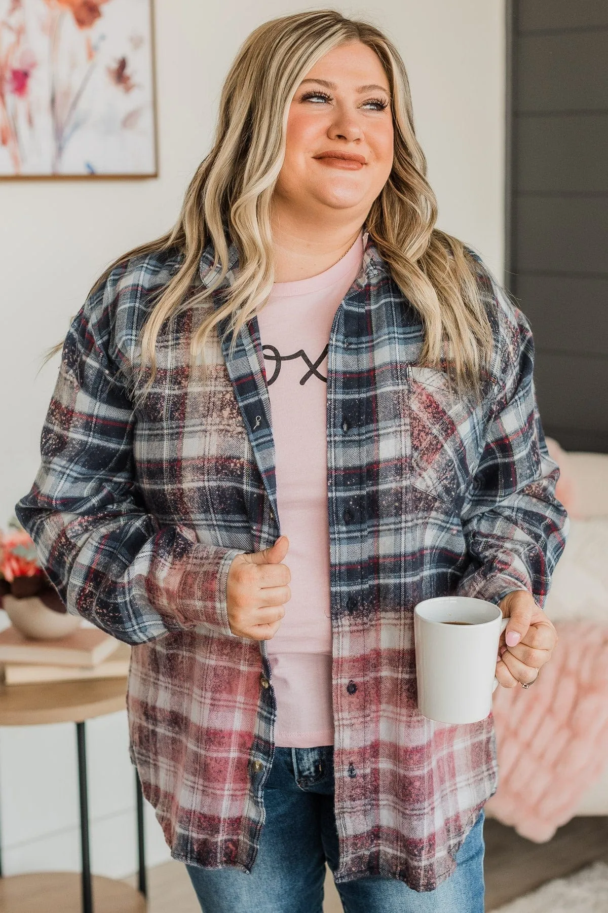 Follow You Anywhere Bleached Plaid Top- Navy & Pink