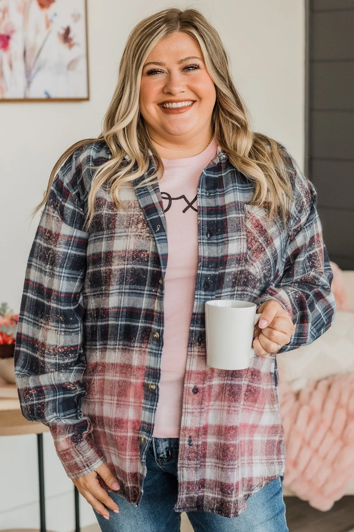 Follow You Anywhere Bleached Plaid Top- Navy & Pink