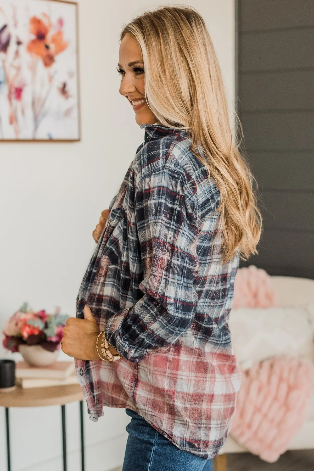 Follow You Anywhere Bleached Plaid Top- Navy & Pink