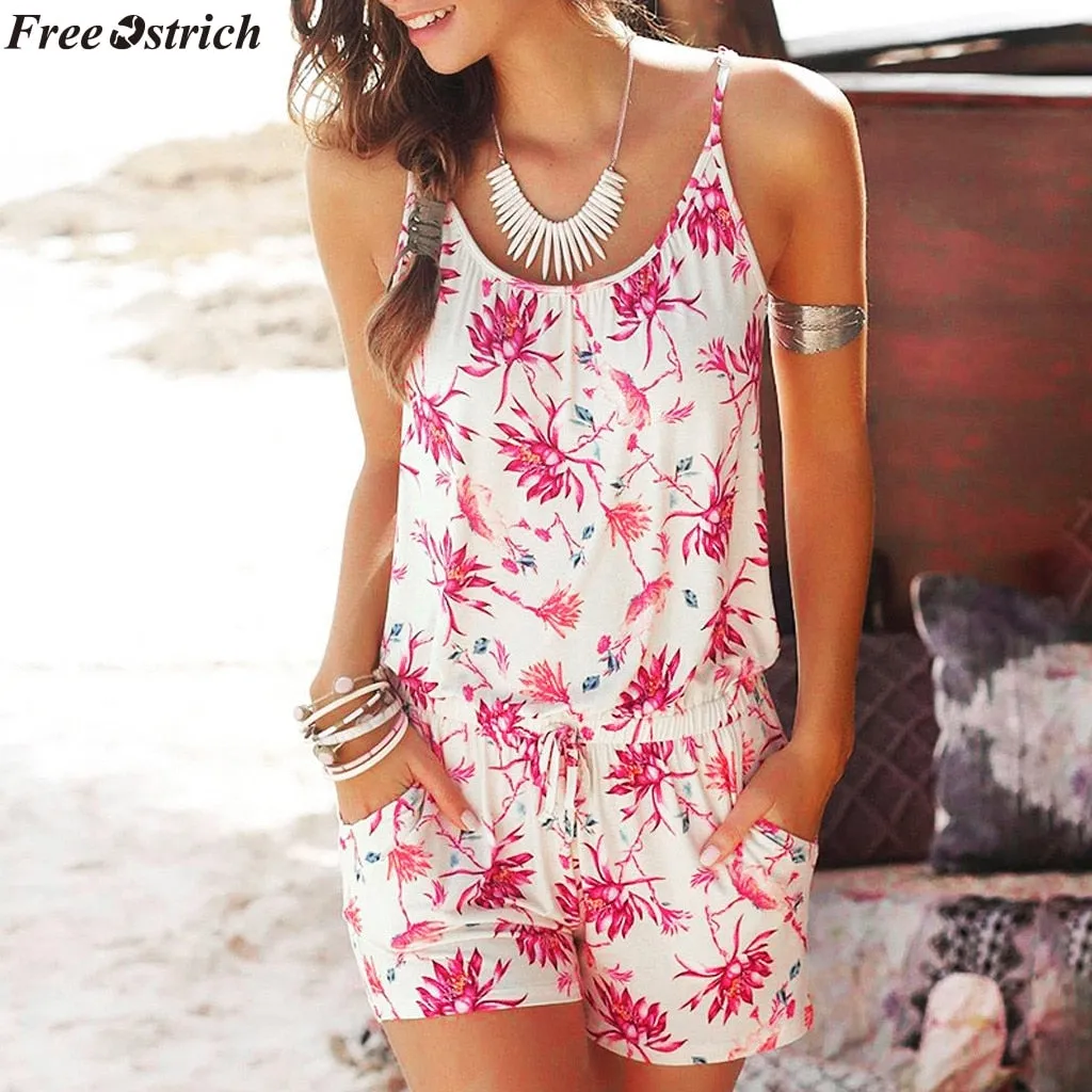 FREE OSTRICH Women Sleeveless Sling Short Jumpsuits Fashion Printed Ladies Beach Backless Casual Waist Pocket Rompers Plus Size