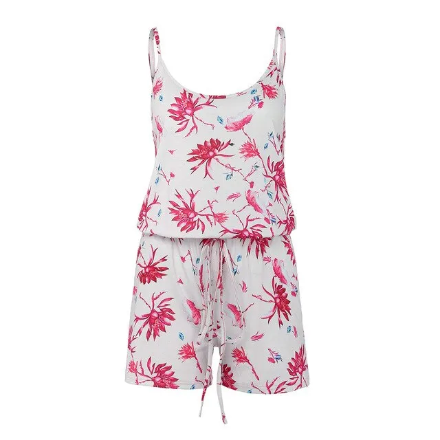 FREE OSTRICH Women Sleeveless Sling Short Jumpsuits Fashion Printed Ladies Beach Backless Casual Waist Pocket Rompers Plus Size