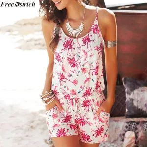 FREE OSTRICH Women Sleeveless Sling Short Jumpsuits Fashion Printed Ladies Beach Backless Casual Waist Pocket Rompers Plus Size