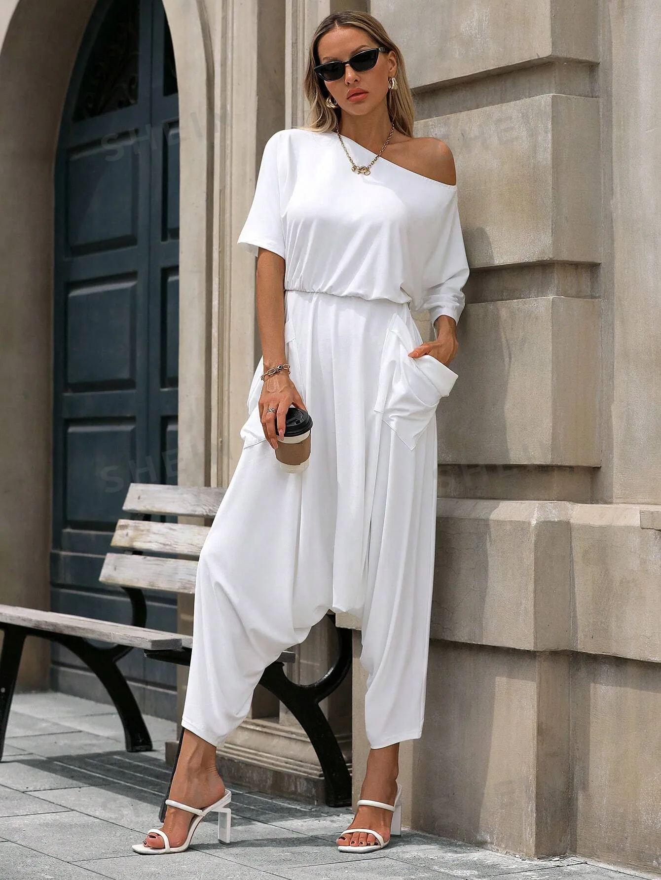 Frenchy Women's Solid Color Minimalist Casual Loose Asymmetrical Shoulder Jumpsuit