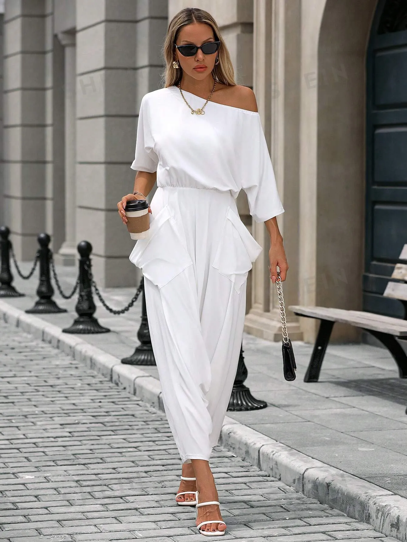 Frenchy Women's Solid Color Minimalist Casual Loose Asymmetrical Shoulder Jumpsuit