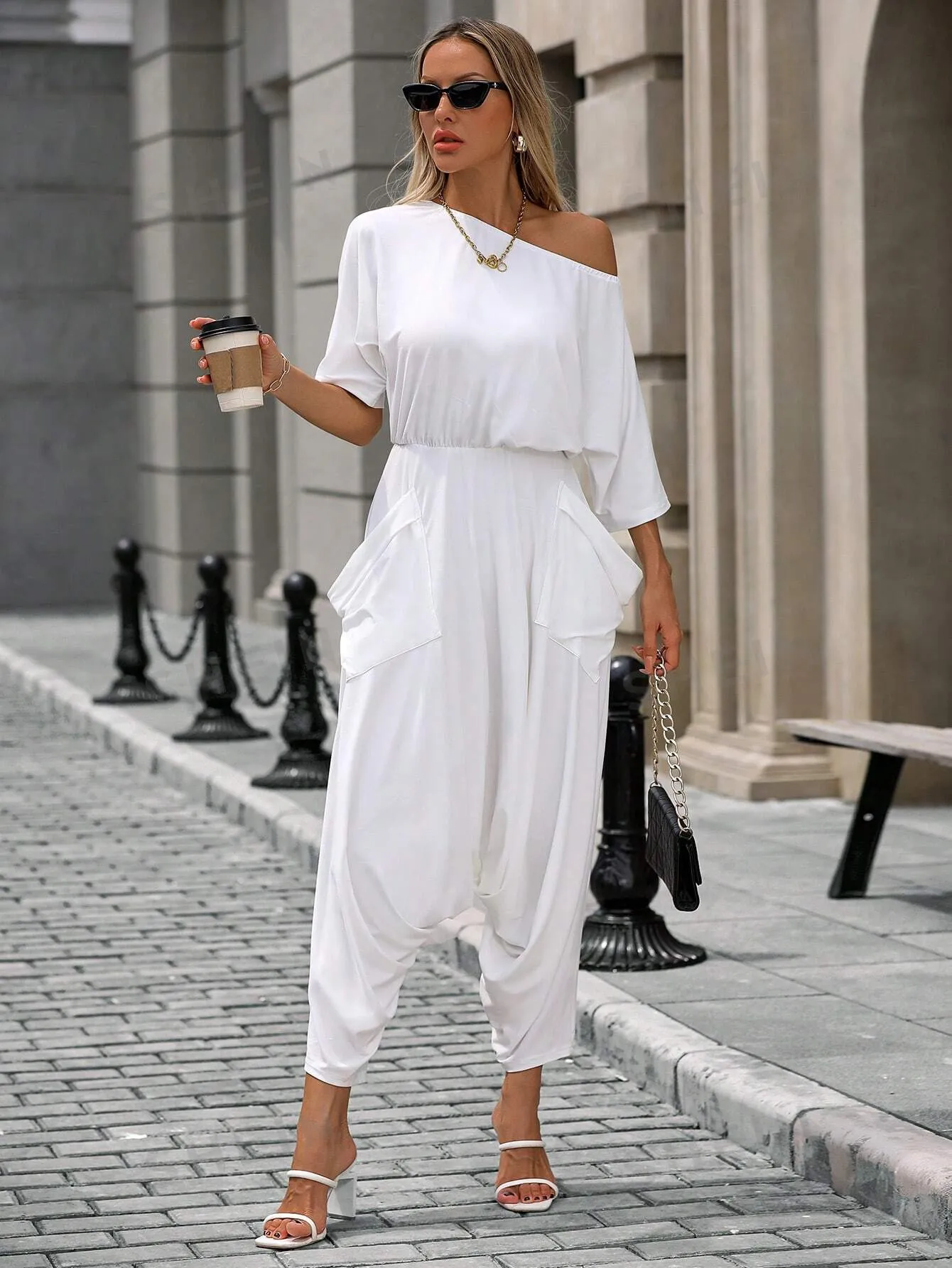 Frenchy Women's Solid Color Minimalist Casual Loose Asymmetrical Shoulder Jumpsuit