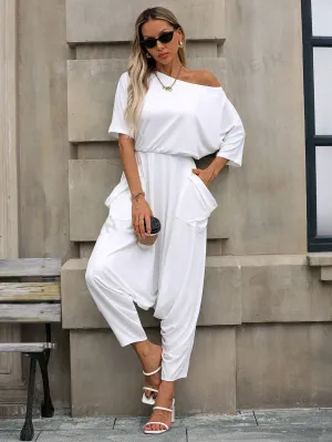 Frenchy Women's Solid Color Minimalist Casual Loose Asymmetrical Shoulder Jumpsuit