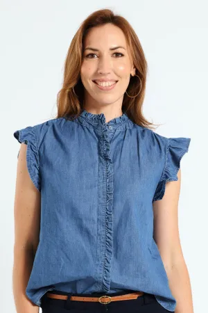 Frill Neck & Sleeve Button Through Blouse - Medium Wash