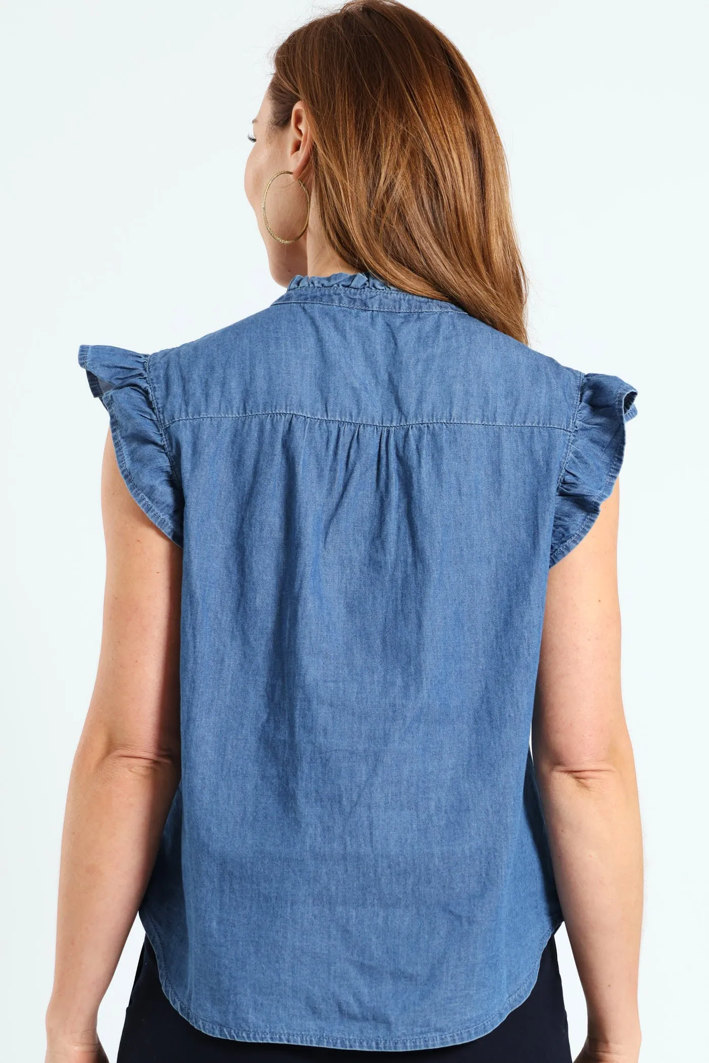 Frill Neck & Sleeve Button Through Blouse - Medium Wash