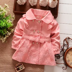 Girls Double Breasted Cardigan Infant baby kids Lace Coat Children Outwear Coats Belt Trench S1309