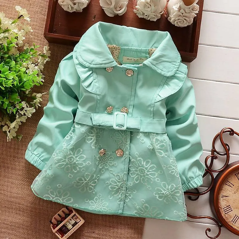 Girls Double Breasted Cardigan Infant baby kids Lace Coat Children Outwear Coats Belt Trench S1309