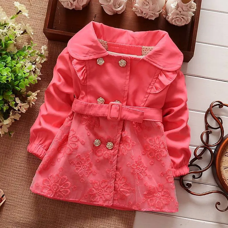 Girls Double Breasted Cardigan Infant baby kids Lace Coat Children Outwear Coats Belt Trench S1309