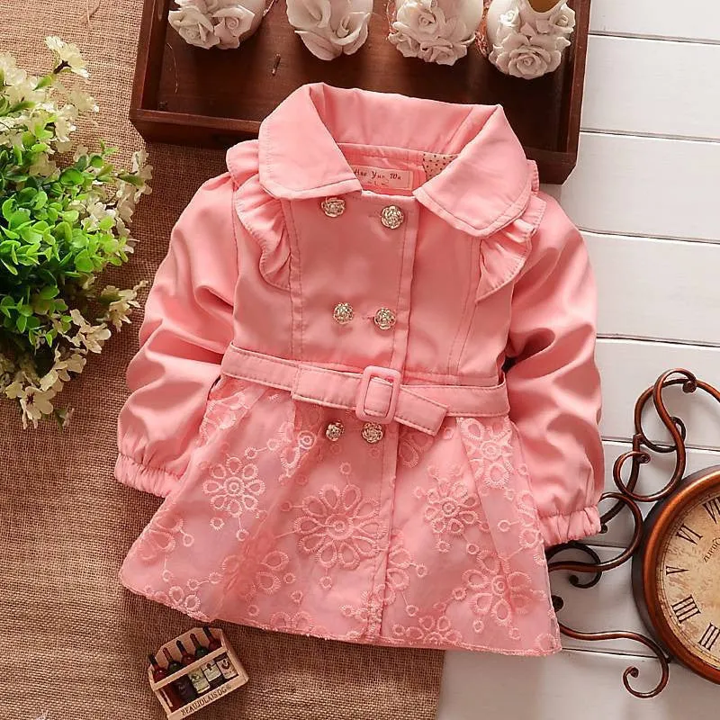 Girls Double Breasted Cardigan Infant baby kids Lace Coat Children Outwear Coats Belt Trench S1309