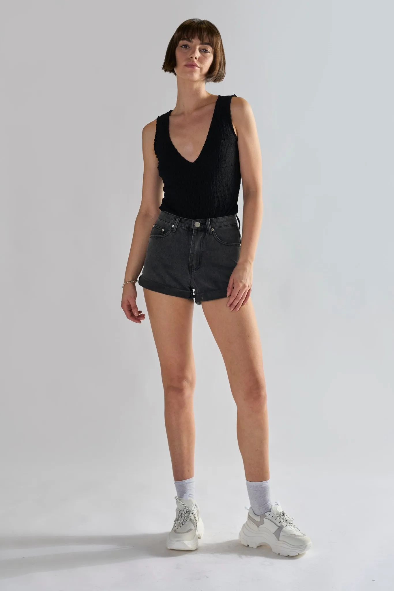 Glamorous Washed Black High Waisted Denim Shorts