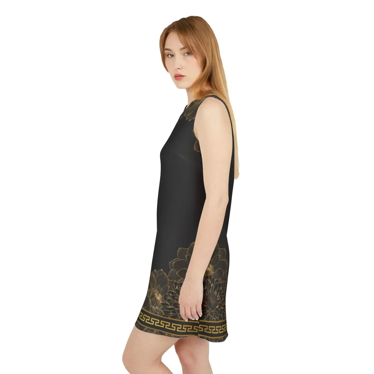 Gold Floral Black Greek Key A-line Sleeveless Dress