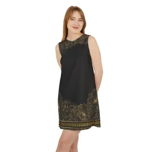 Gold Floral Black Greek Key A-line Sleeveless Dress