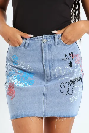 Graph Printed Denim Mini Skirt - Stonewash