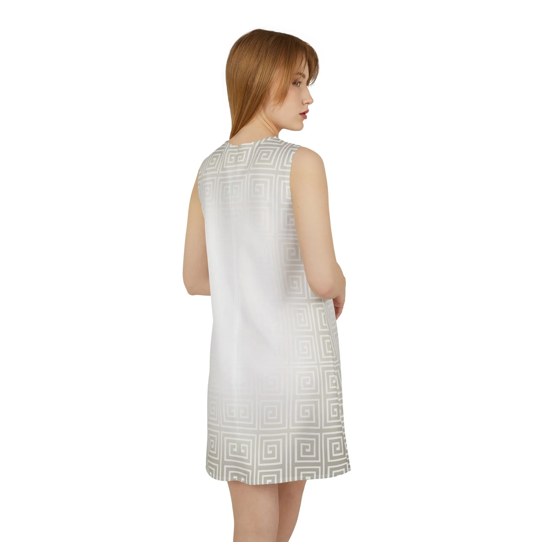 Greek Key Cream White A-line Sleeveless Dress