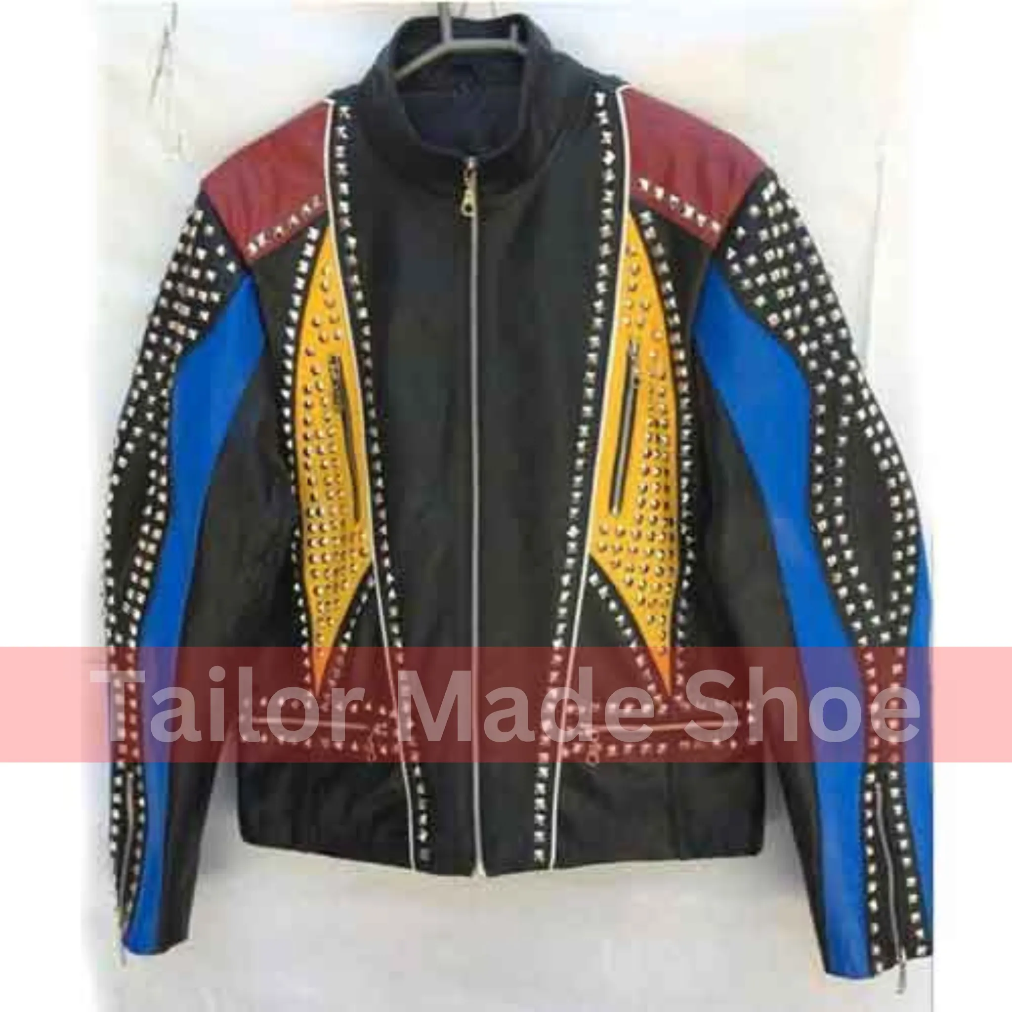 Handmade Men Multi Color Biker Jackets, Real Leather Studded Jackets For Men's