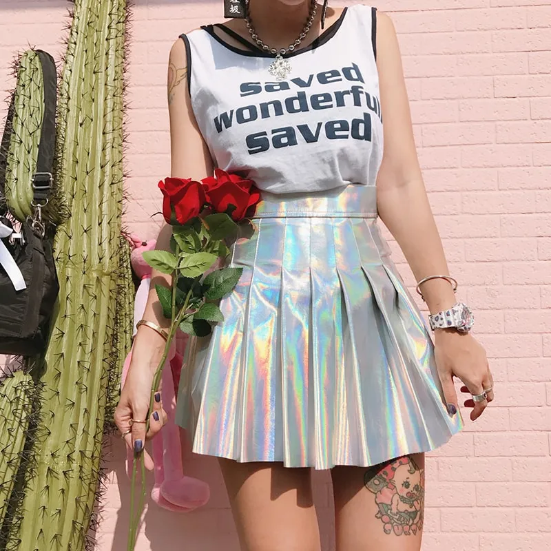 Harajuku Iridescent Holographic Tennis Skirt