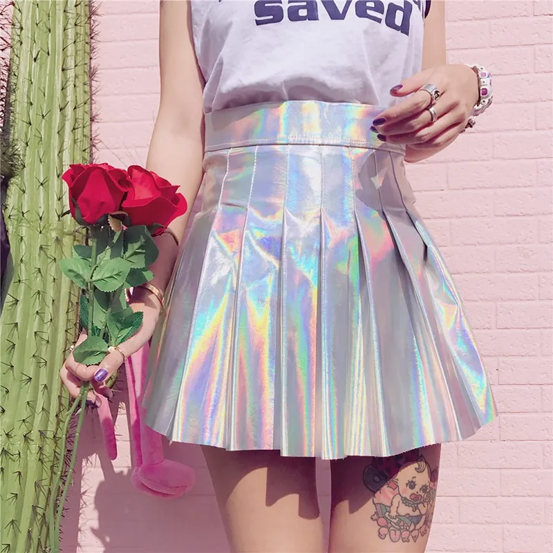Harajuku Iridescent Holographic Tennis Skirt