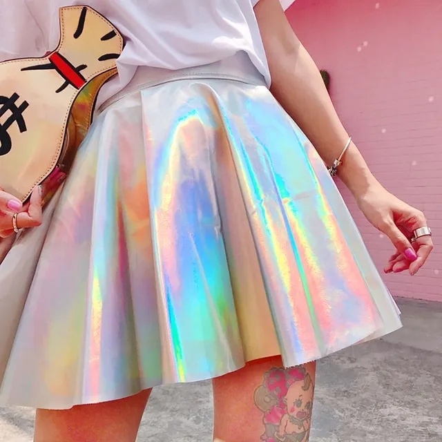 Harajuku Iridescent Holographic Tennis Skirt