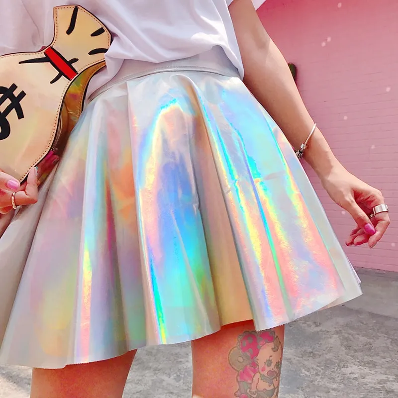 Harajuku Iridescent Holographic Tennis Skirt