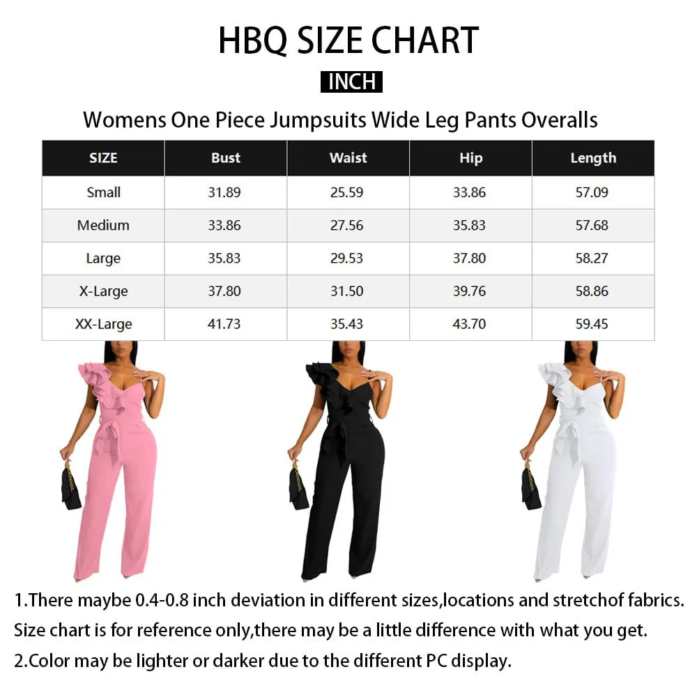 HBQ Womens Casual One Piece Jumpsuits V-Neck Sleeveless Ruffle Backless Belted Elegant Romper Wide Leg Pant Sexy Party Clubwear Overalls