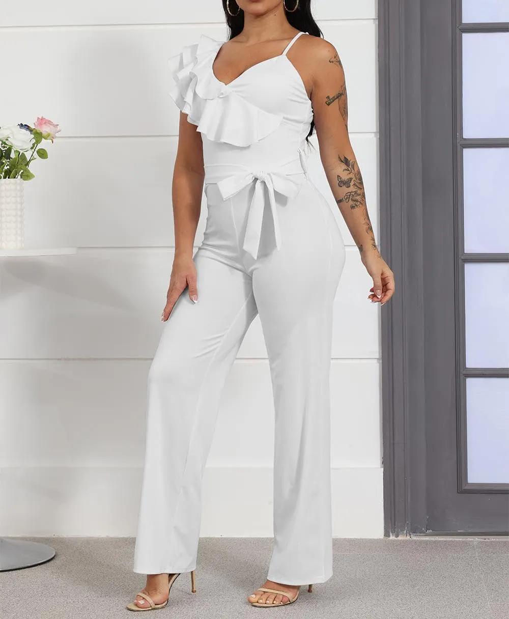 HBQ Womens Casual One Piece Jumpsuits V-Neck Sleeveless Ruffle Backless Belted Elegant Romper Wide Leg Pant Sexy Party Clubwear Overalls