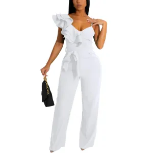 HBQ Womens Casual One Piece Jumpsuits V-Neck Sleeveless Ruffle Backless Belted Elegant Romper Wide Leg Pant Sexy Party Clubwear Overalls