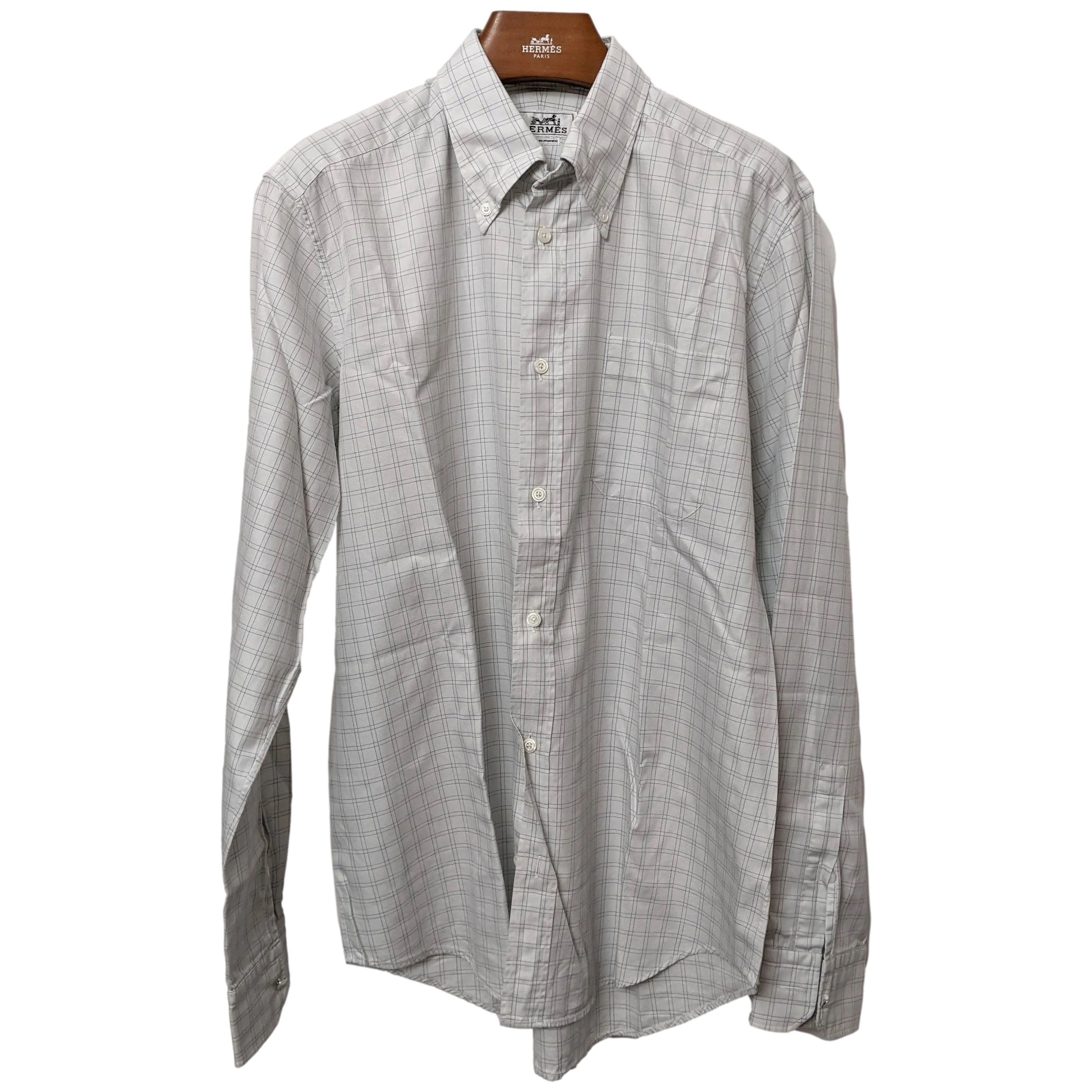 Hermes Men's Plaid Blue Cotton Long Sleeves Shirt, Sz40, New!