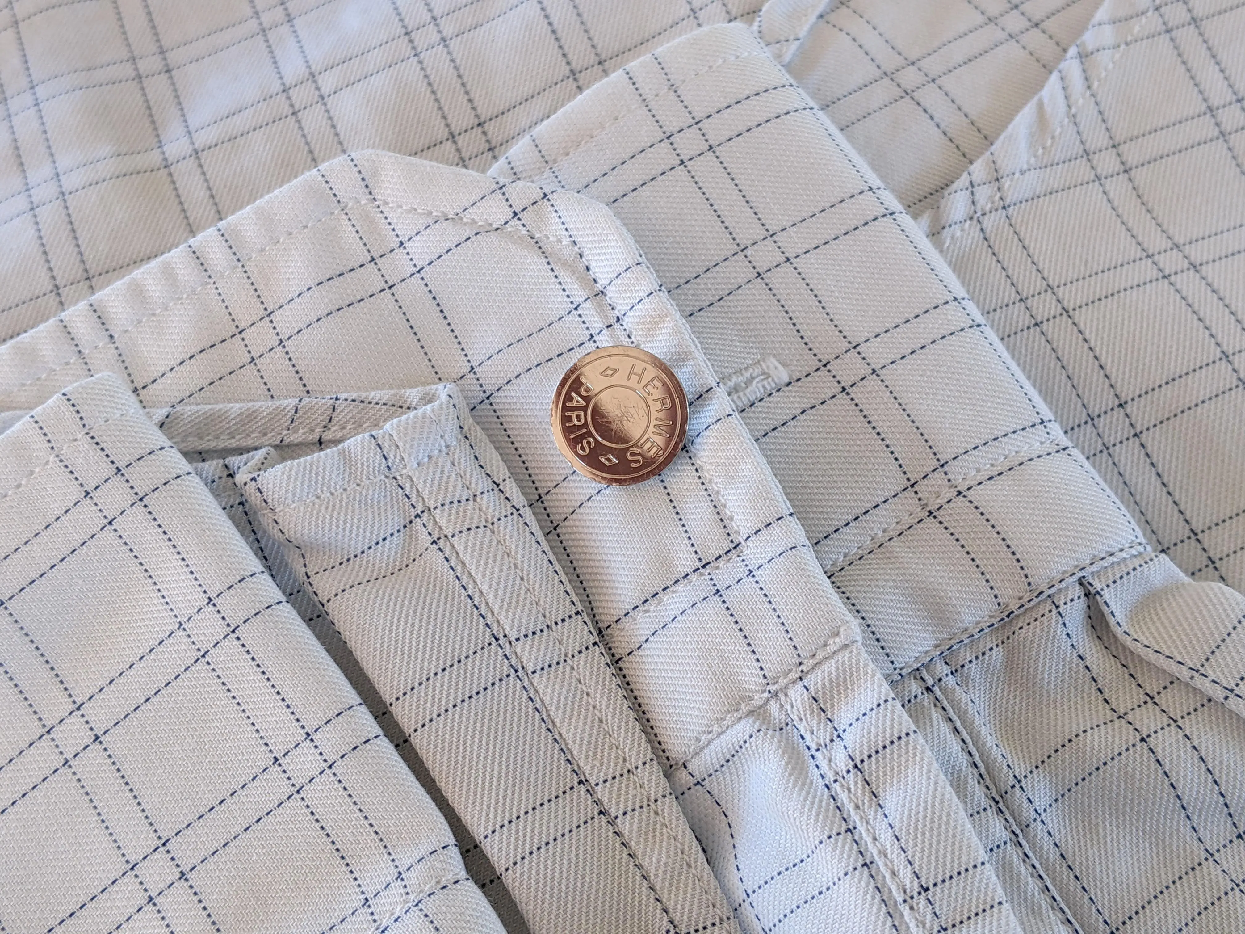 Hermes Men's Plaid Blue Cotton Long Sleeves Shirt, Sz40, New!